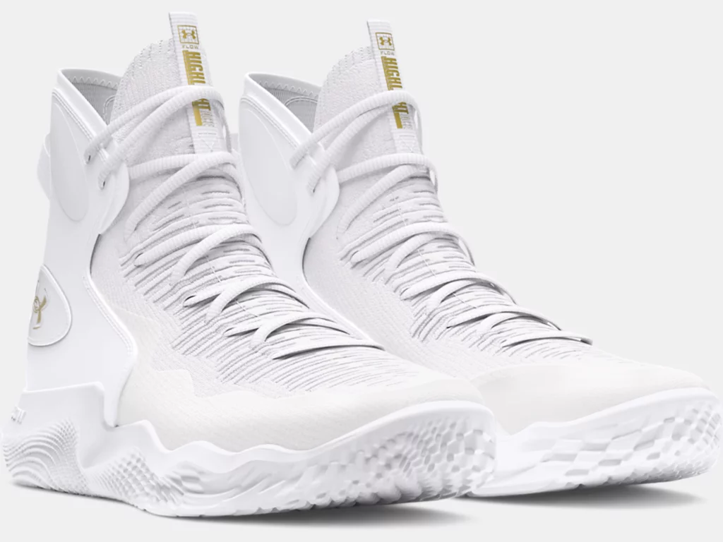 white and gold Under Armour Flow Highlight Ace women's volleyball shoes
