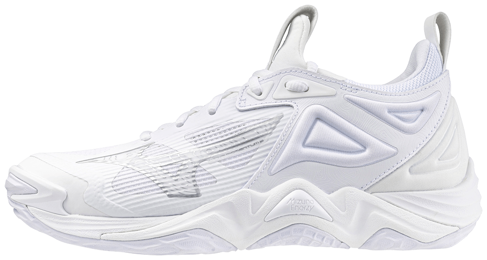 White and silver Mizuno wave Momentum 3 Unisex volleyball shoes