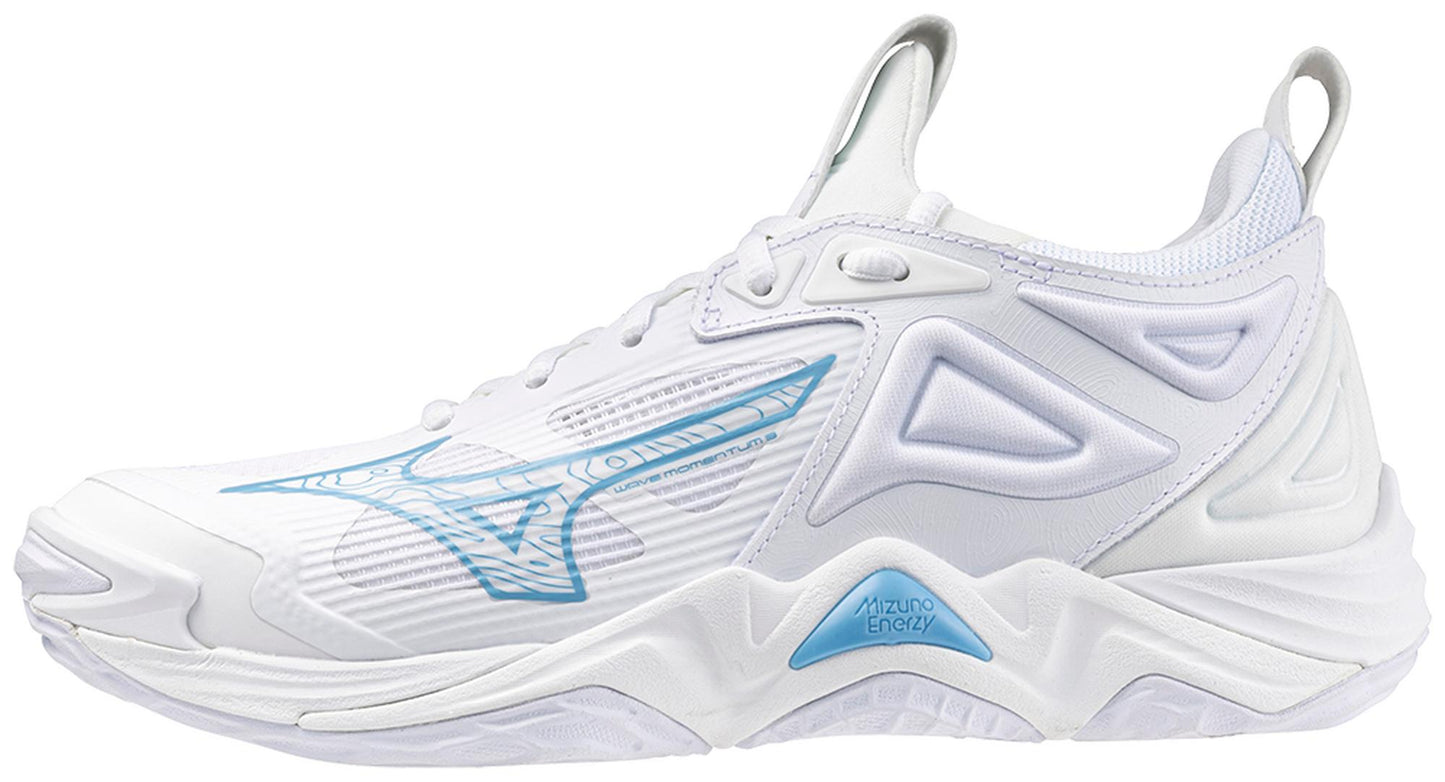 White and baby blue Mizuno wave momentum 3 volleyball shoe