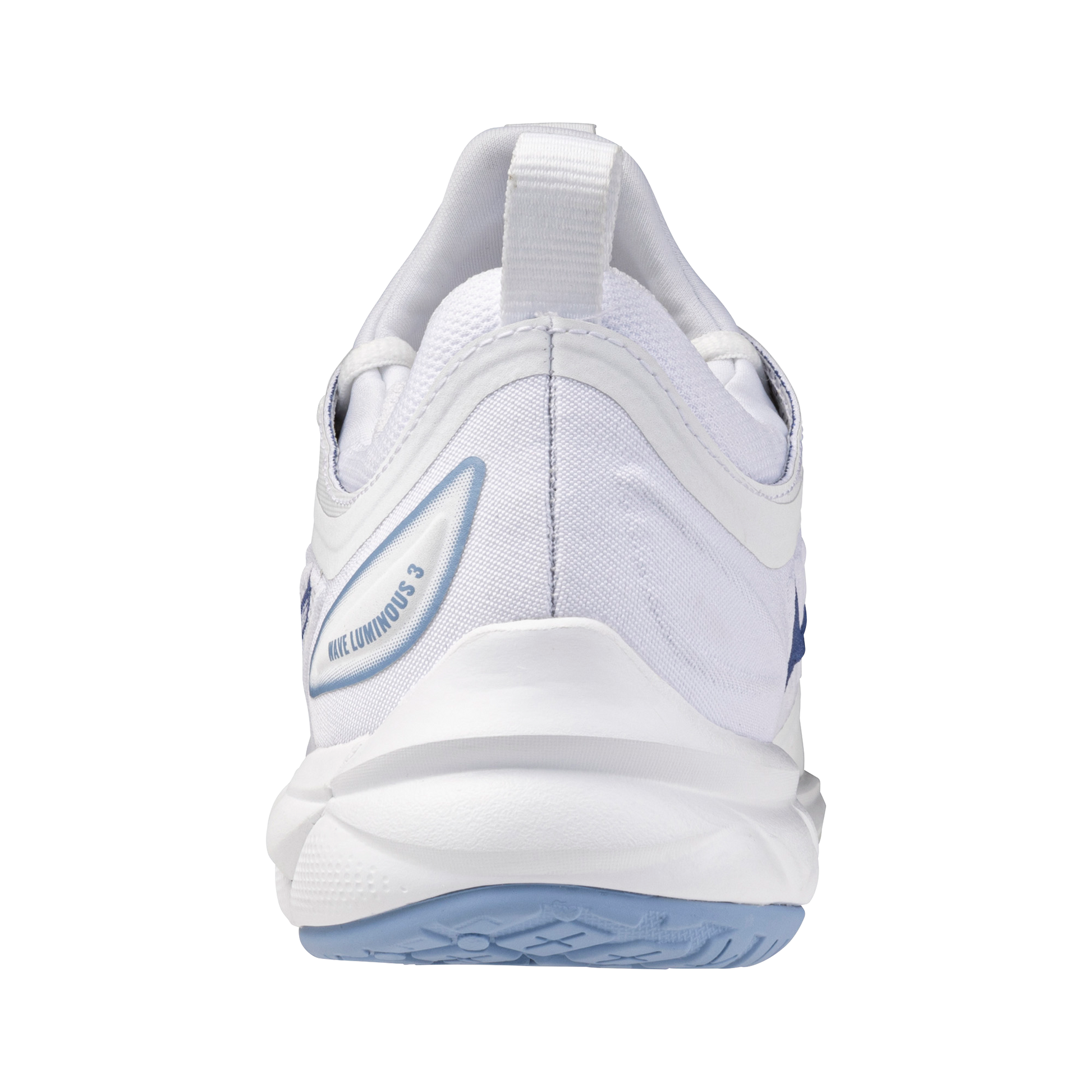 behind view of the Bellwether blue Mizuno wave Luminous 3 women's volleyball shoes