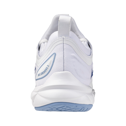 behind view of the Bellwether blue Mizuno wave Luminous 3 women's volleyball shoes