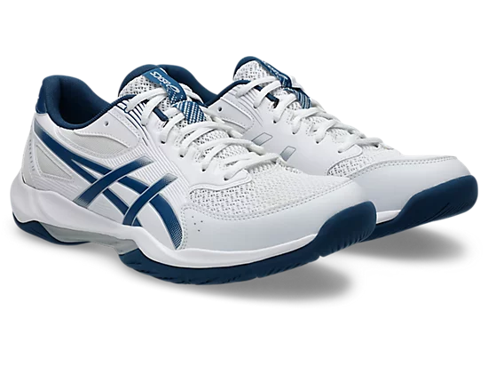 Asics Gel Rocket 12 Men's Volleyball Shoes White Mako Blue Angled View